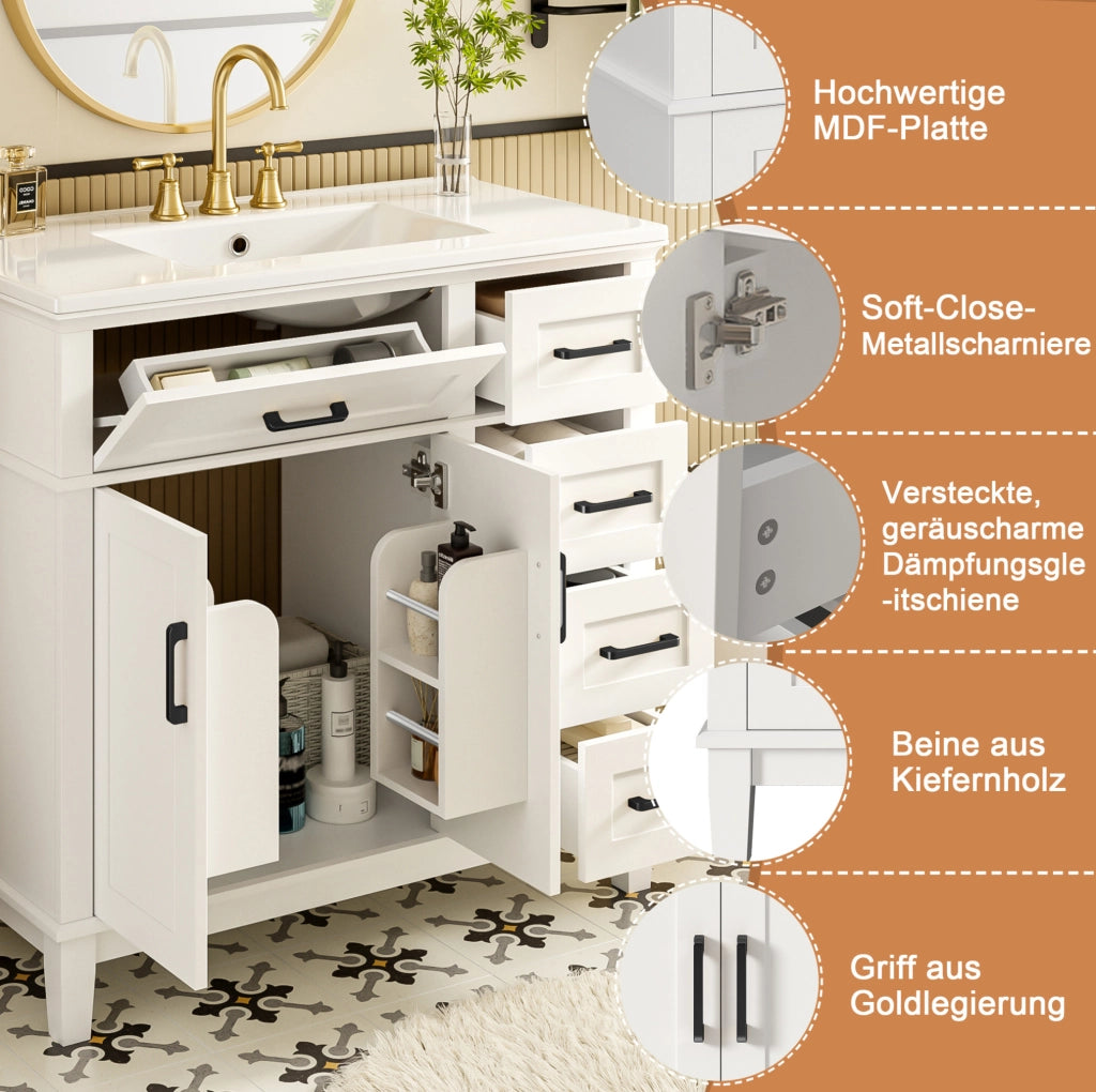 Mobile bagno da terra bianco con lavabo in ceramica, 4 cassetti e ante