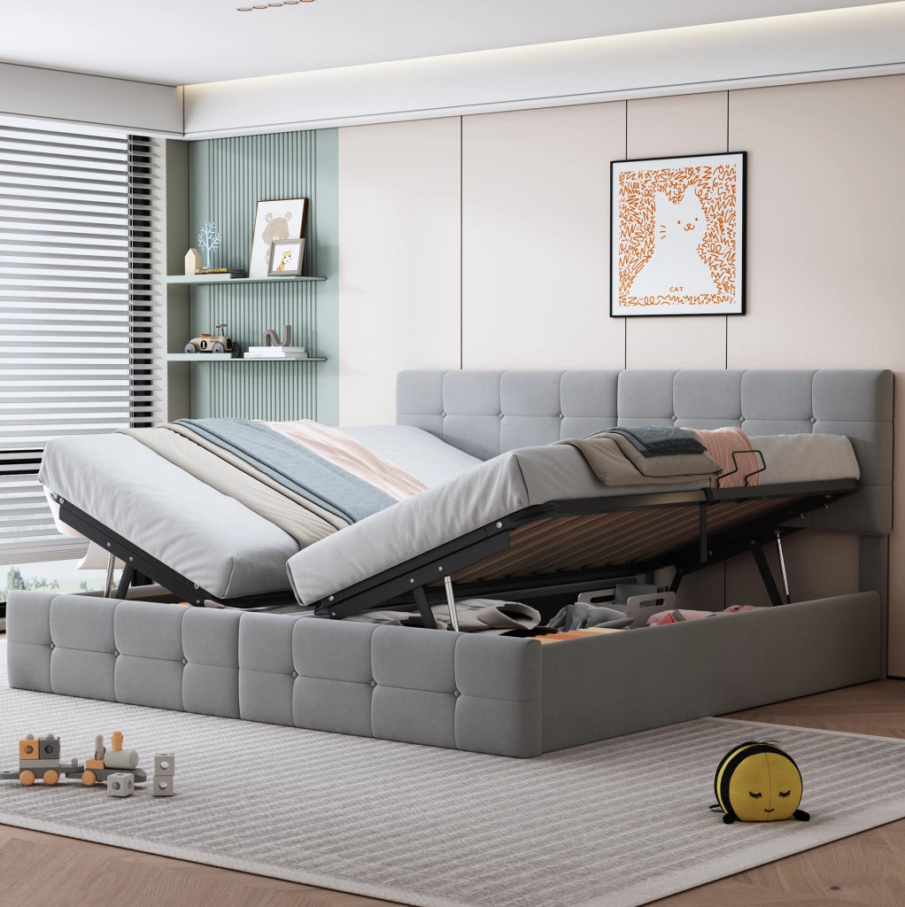 Letto imbottito 180x200 cm in velluto grigio con contenitore idraulico