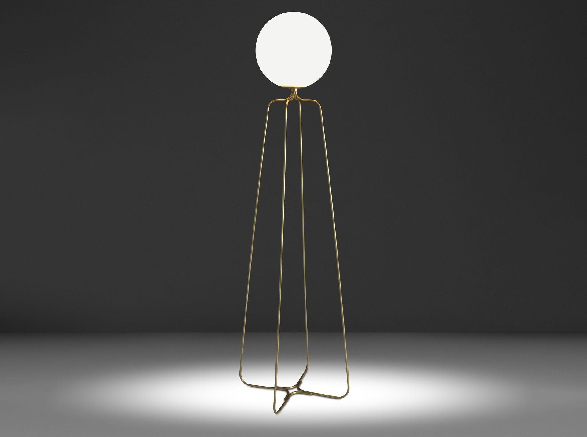 Lampada da terra in acciaio dorato e vetro bianco