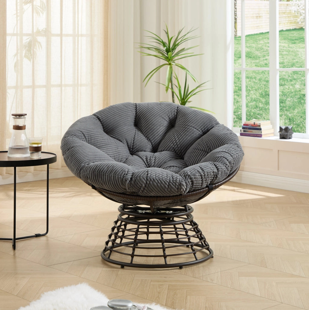 Sedia Papasan girevole 360° con cuscino; ?92x67 cm; struttura in acciaio e rattan PE grigio