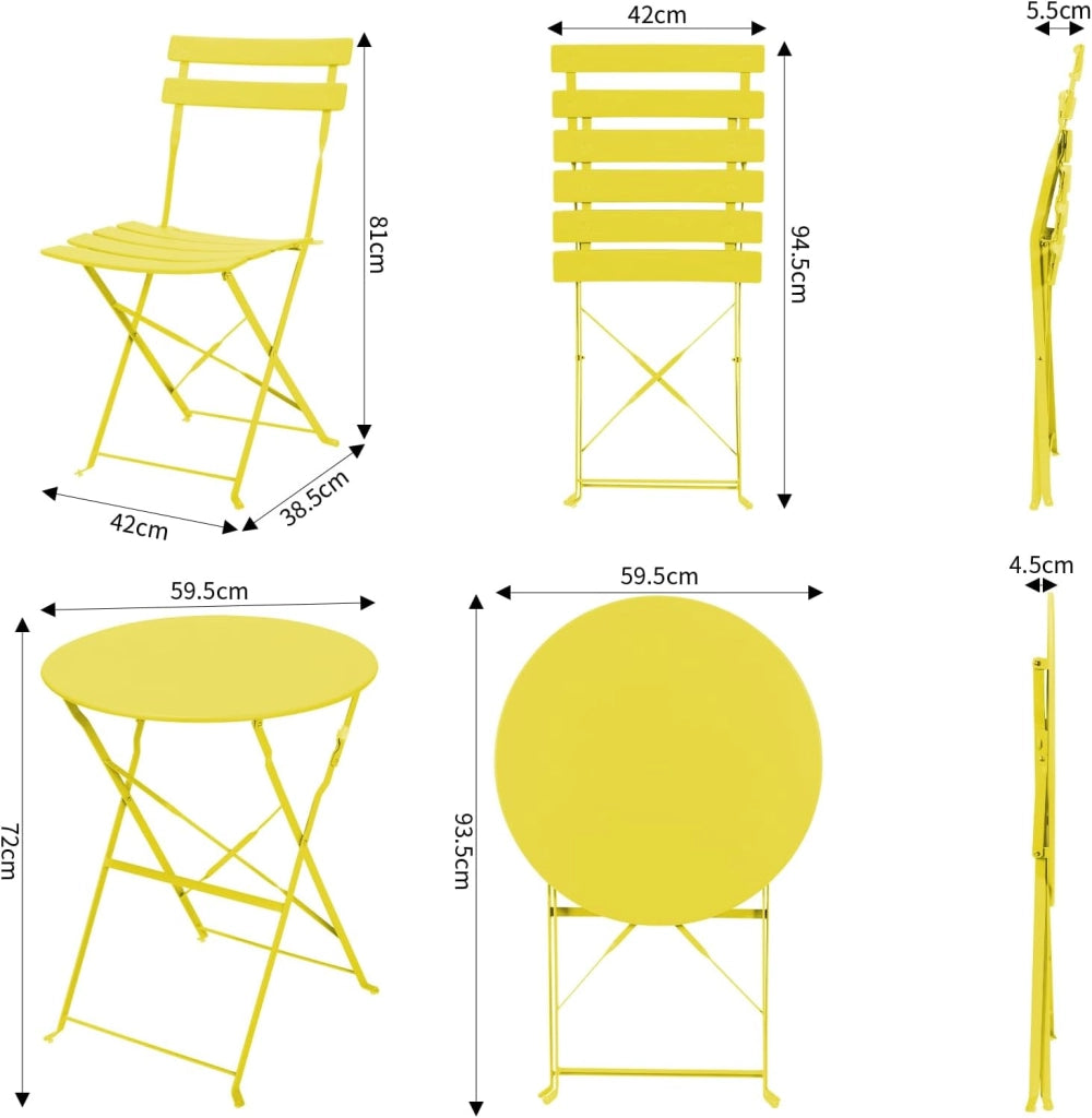 Set da Bistrot Pieghevole 3 Pezzi, Tavolo da Giardino Bistrot in Metallo, 1 Tavolo e 2 Sedie per Piccoli Balconi, Resistente alle Intemperie, per Balcone, Giardino e Terrazzo, Giallo