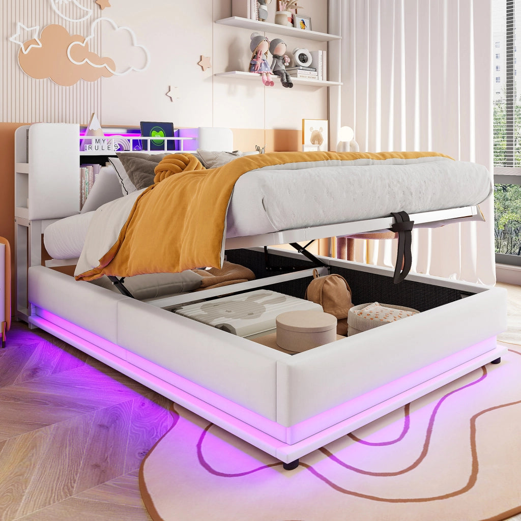 Letto bambino 90×200 cm con LED; USB e contenitore idraulico; in velluto; beige; senza materasso
