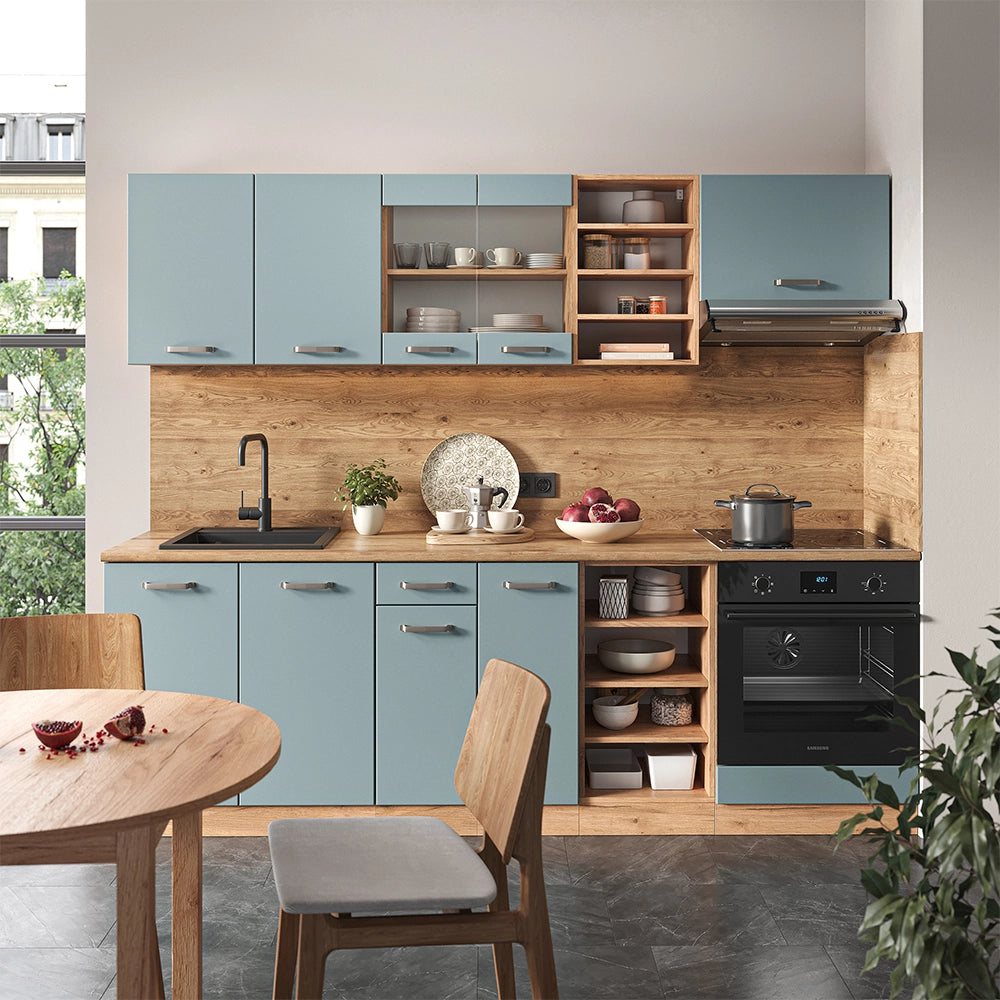 Cucina componibile R-Line Grigio-blu/Rovere dorato 240 cm, PL Antracite Vicco