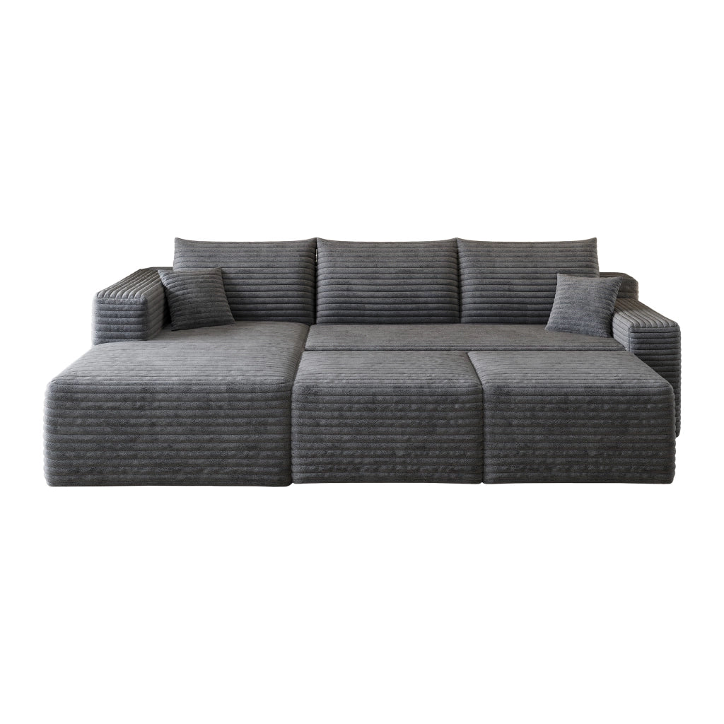 Divano angolare modulare senza montaggio dal design minimale in tessuto a coste morbido per soggiorno grigio scuro