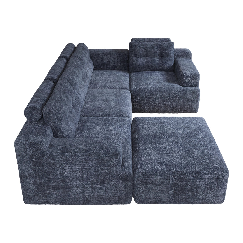 Divano modulare 5 posti con pouf e schienale alto in chenille blu 252 × 180 × 82 cm
