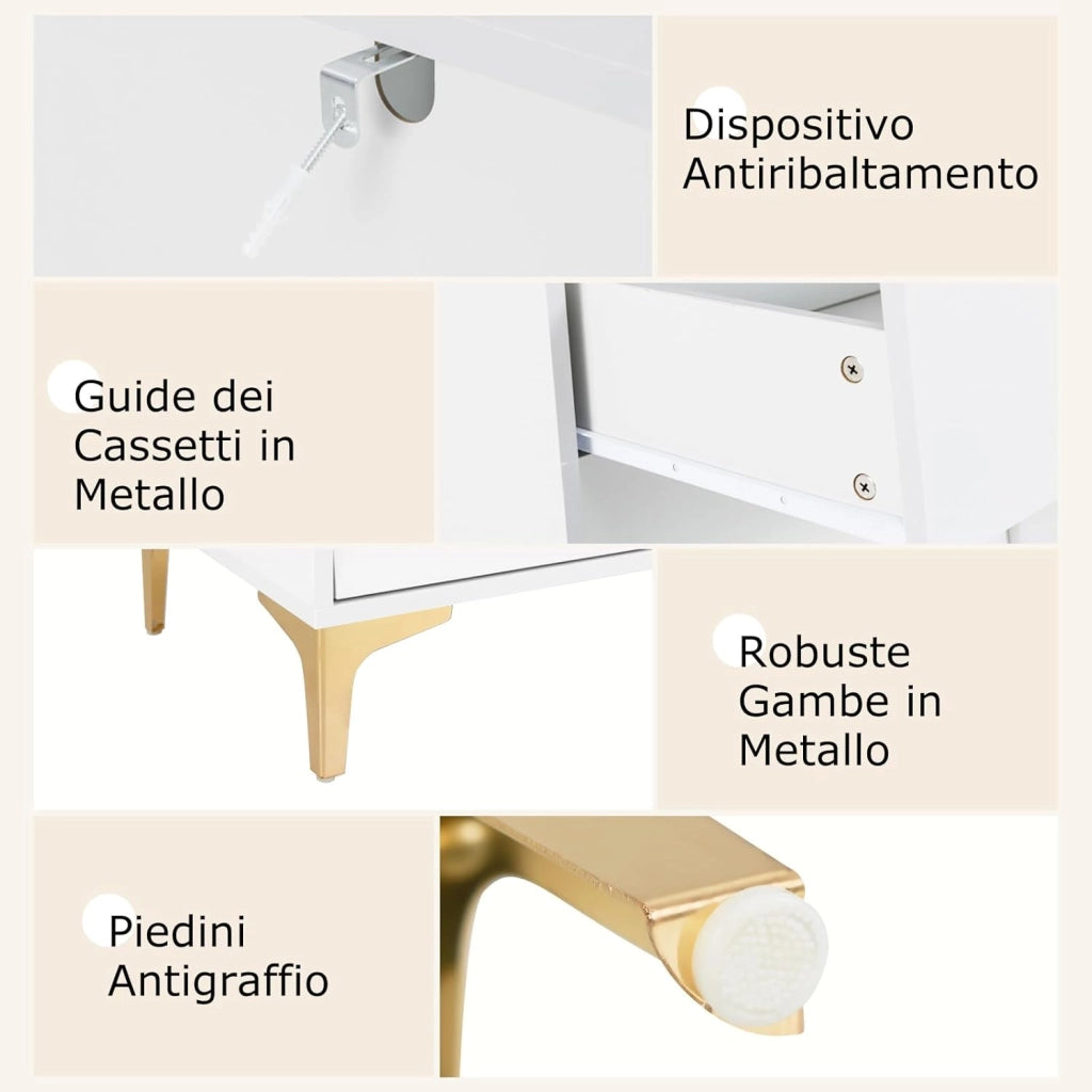 Cassettiera Camera da Letto con 4 Cassetti, Comodino Salvaspazio con Scomparto con Vetrina Ribaltabile, Mobile per Soggiorno Ingeresso e Studio, 60 x 40 x 112,5 cm, Bianco