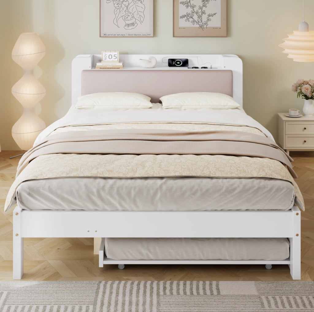 Letto funzionale bianco con letto estraibile e testiera imbottita