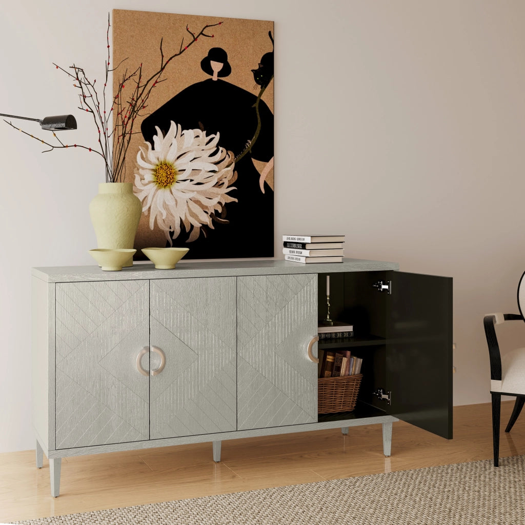 OKWISH Mobile Contenitore Contemporaneo con 4 Ante e Gambe in Pino, per Soggiorno Camera Cucina, MDF, 152 x 40 x 82.5 cm