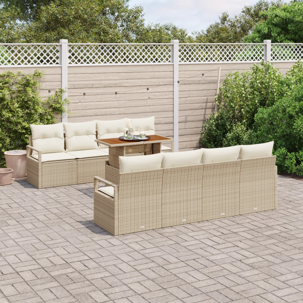 Set Divano da Giardino  9 Pezzi con Cuscini Beige Rattan Sintetico Acacia
