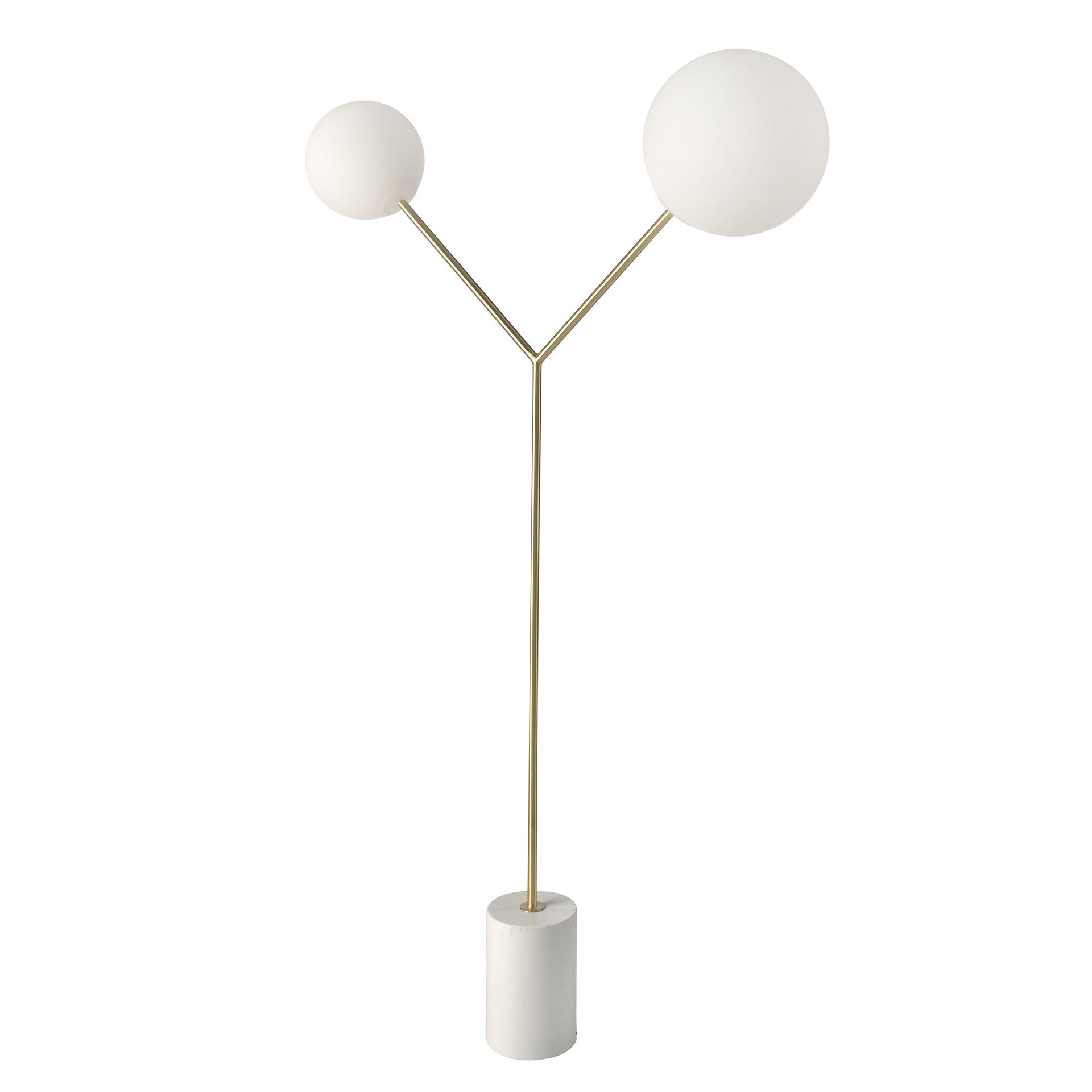 Lampada da terra in marmo bianco, acciaio dorato e vetro bianco