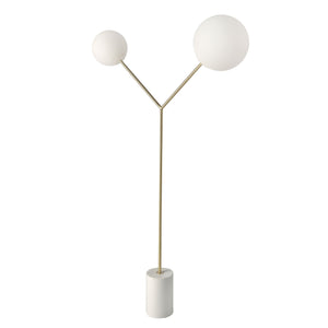 Lampada da terra in marmo bianco, acciaio dorato e vetro bianco