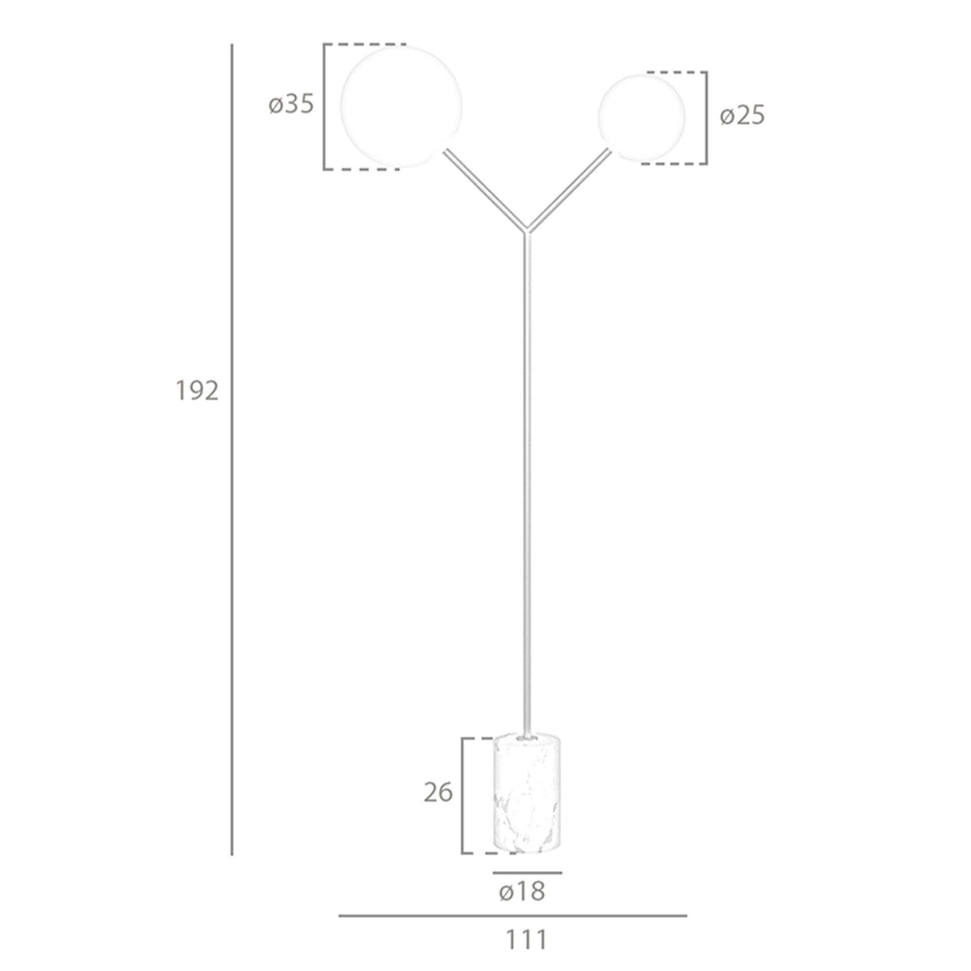 Lampada da terra in marmo bianco, acciaio dorato e vetro bianco