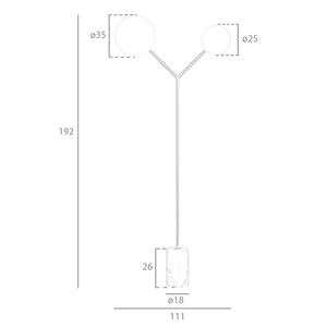 Lampada da terra in marmo bianco, acciaio dorato e vetro bianco