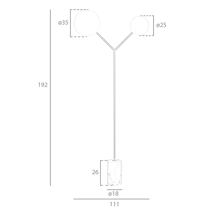 Lampada da terra in marmo bianco, acciaio dorato e vetro bianco