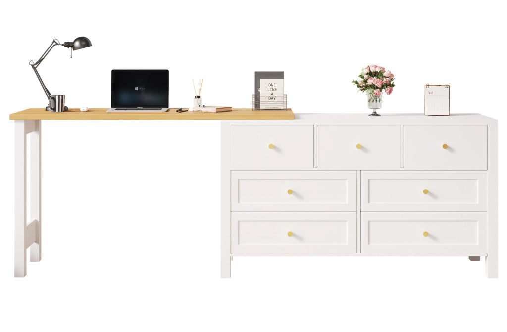Scrivania girevole 120x40x70 cm con 7 cassetti; piano 360° in truciolare bianco e naturale