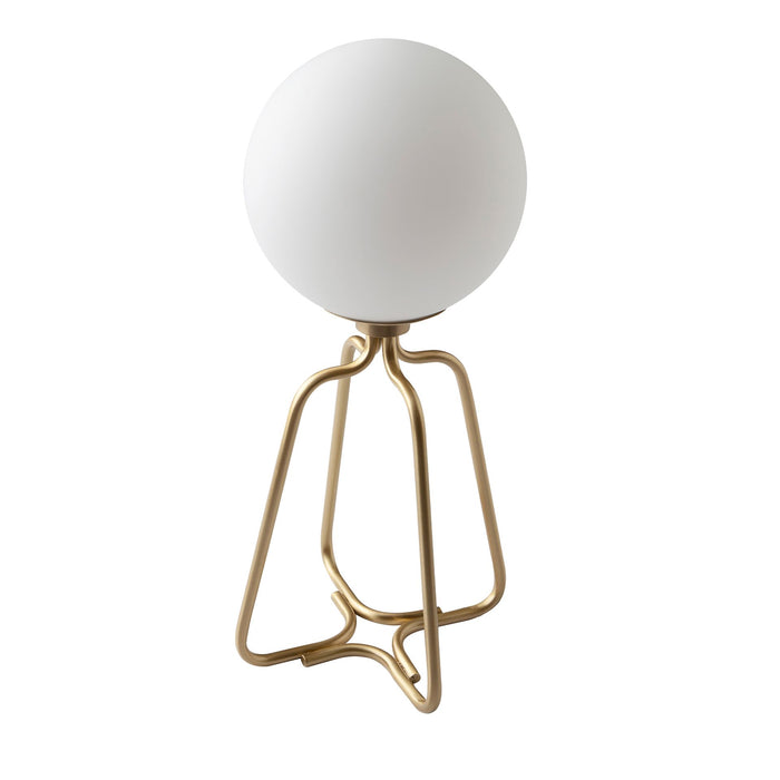 Lampada da tavolo in acciaio dorato e vetro bianco
