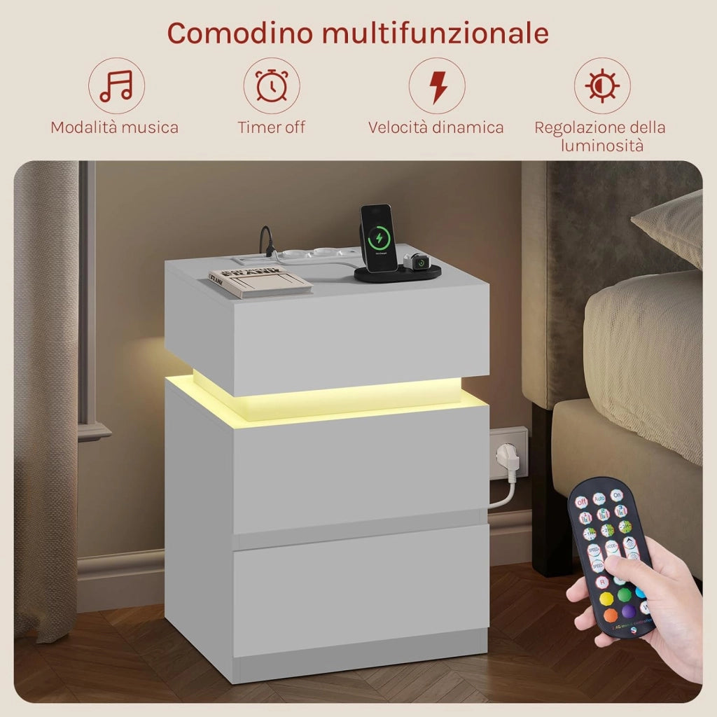 Comodino con Stazione di Ricarica, Comodino a LED Connesso, 2 Prese, 2 Porte USB, 2 Cassetti, 1 Scomparto con Sportello, per Camera da Letto, 40 x 35 x 55 cm, Bianco