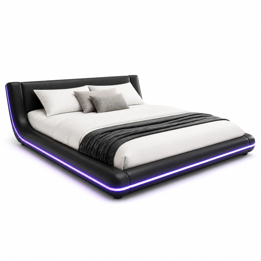 Letto a pavimento 140x200 cm nero in PU con LED