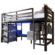 Letto a Soppalco 90x200 cm, con LED, Tasche, Appendiabiti e Cuscino - Metallo - Nero