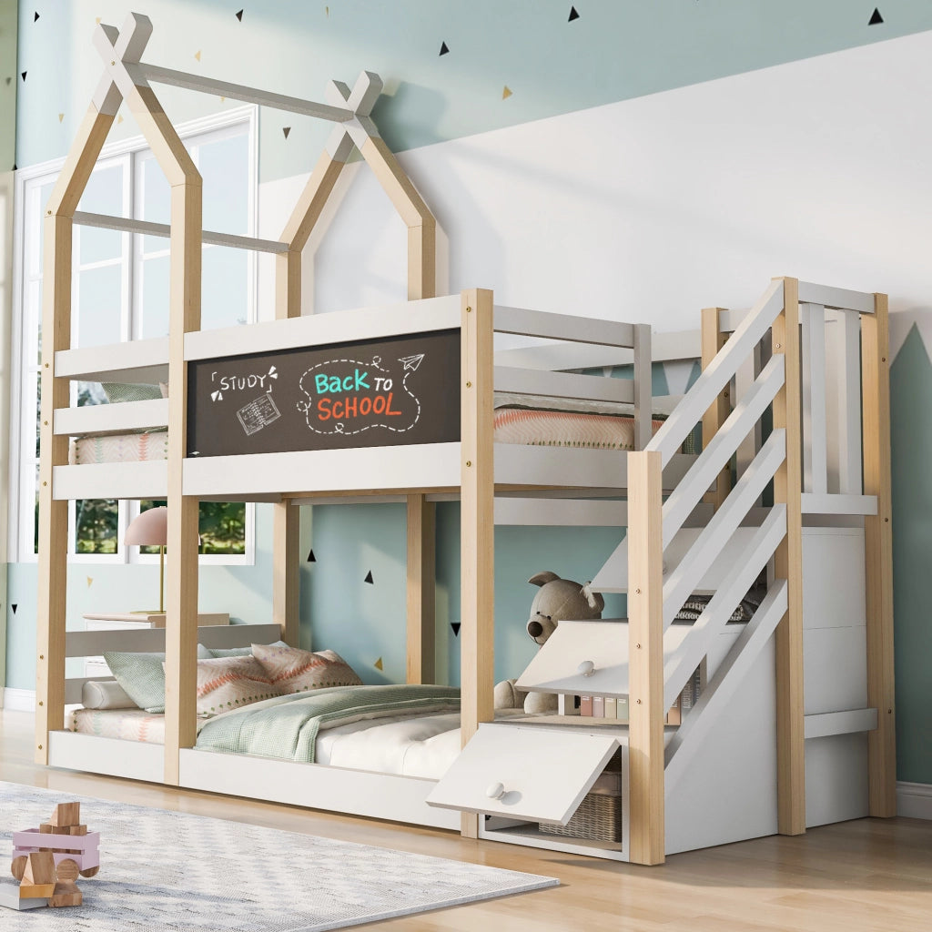 Letto a castello per bambini 90x200 cm con design baita, lavagna frontale e scale contenitore, bianco
