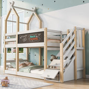Letto a castello per bambini 90x200 cm con design baita, lavagna frontale e scale contenitore, bianco