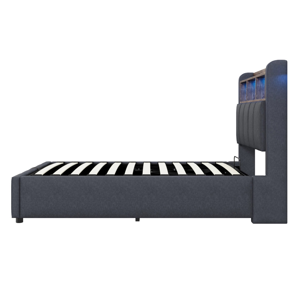 Letto imbottito 90x200 cm con contenitore; LED e porte USB e Type-C in lino grigio