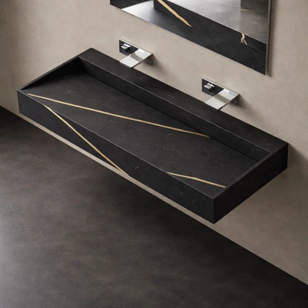 Lavabo consolle sospeso modello freya in artificial stone nero e nocciola venato *** finitura- nero, confezione 1