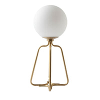 Lampada da tavolo in acciaio dorato e vetro bianco