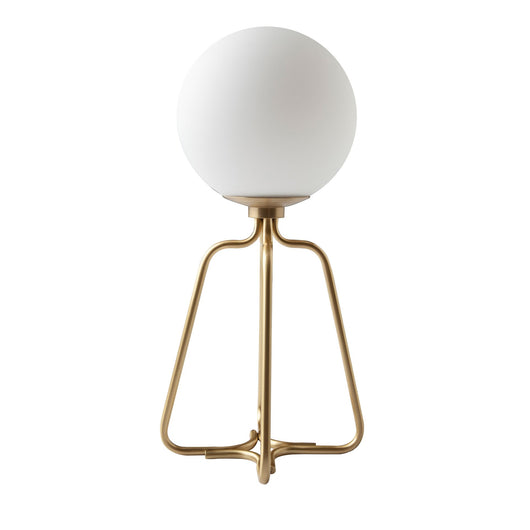 Lampada da tavolo in acciaio dorato e vetro bianco