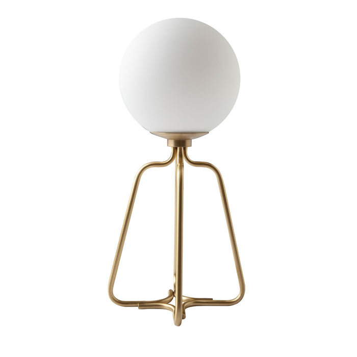 Lampada da tavolo in acciaio dorato e vetro bianco