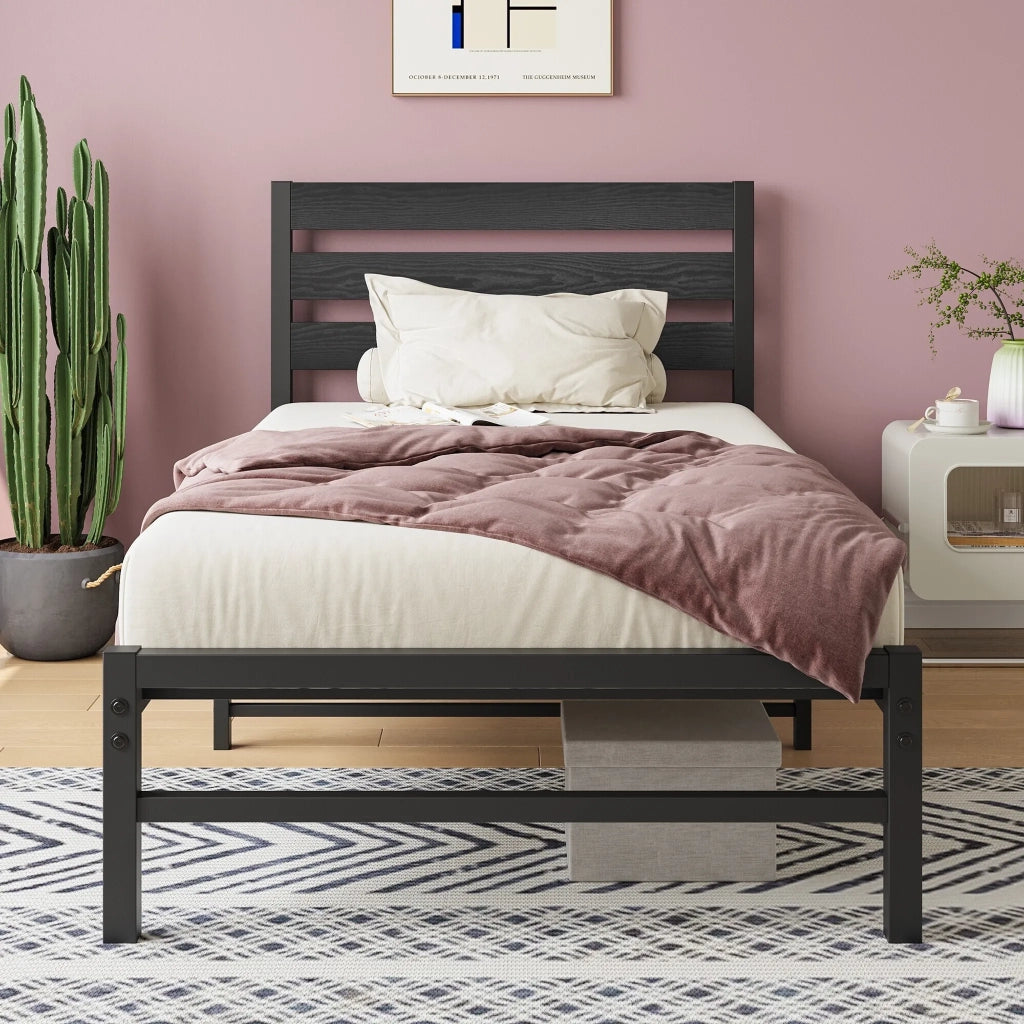 Letto singolo in metallo nero 90x200 cm con testiera MDF e rete a doghe