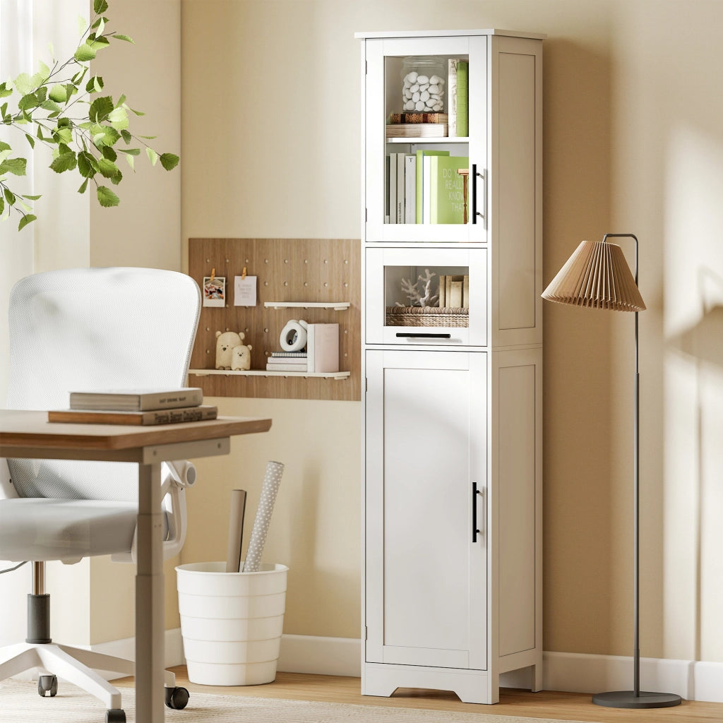 Mobile colonna bagno con cassetto, 2 ante e ripiano regolabile ¨C zephmum ¨C bianco 40x31x170 cm