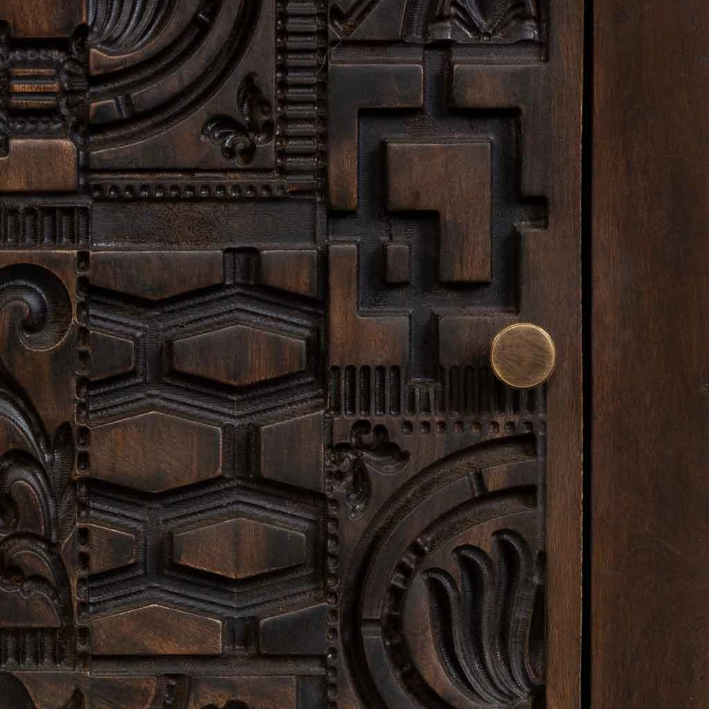 Comodino in legno marrone intagliato a mano 40x35x60h cm