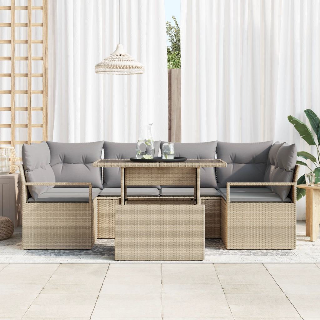 Set Divano da Giardino 7 Pezzi con Cuscini Beige in Polyrattan