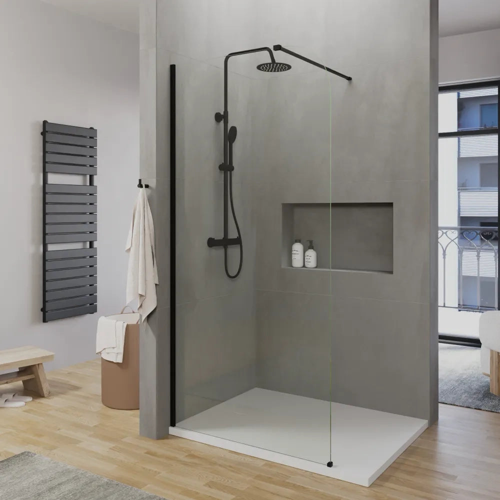 Doccia walk-in arco 120cm con profilo nero opaco vetro 8mm trasparente easy clean h200 | Senja