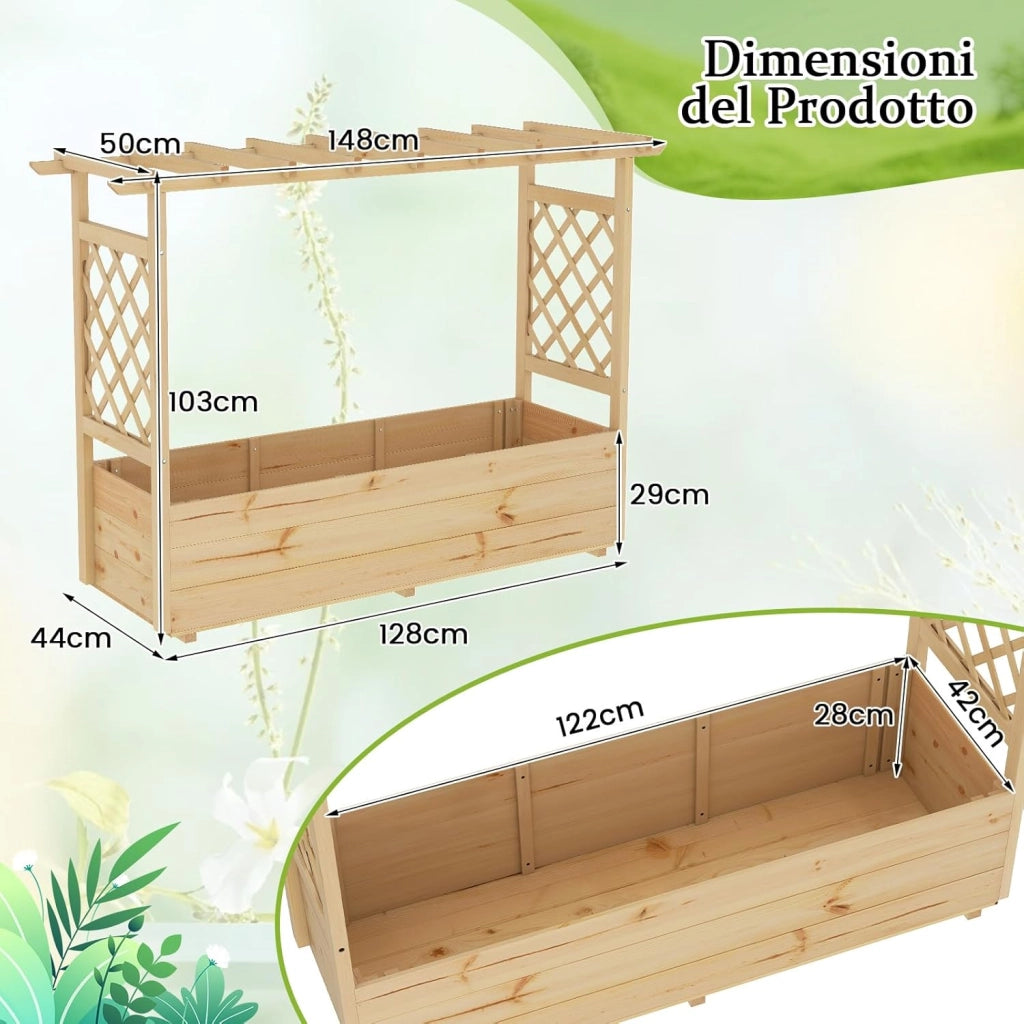 Fioriera da Esterno con Grigliato, Letto Rialzato in Legno di Pino per Piante Rampicanti con Traliccio e Fori di Drenaggio, Aiuola Elevata da Giadino e Cortile (148 x 50 x 103 cm)