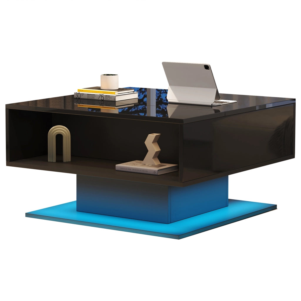 Tavolino da caffè alzabile con 1 vano nascosto e 1 vano aperto; LED; finitura lucida; Soggiorno; 80 × 75 × 40 cm