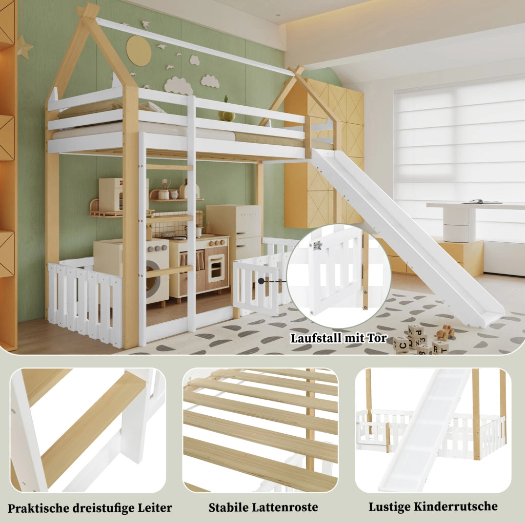 Letto sopraelevato bambini 90x200 cm con scivolo e tetto