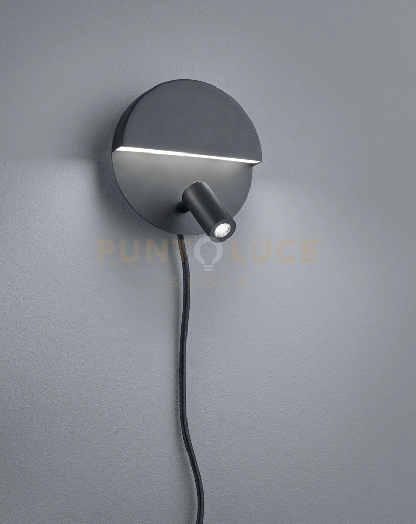 MARIO APPLIQUE TONDA LED 2,3W 200lm - 6W 600lm, 3000K DOPPIA EMISSIONE CON FARETTO ORIENTABILE NERO OPACO CON INTERRUTTORE E DOPPIA ACCENSIONE D. 16CM