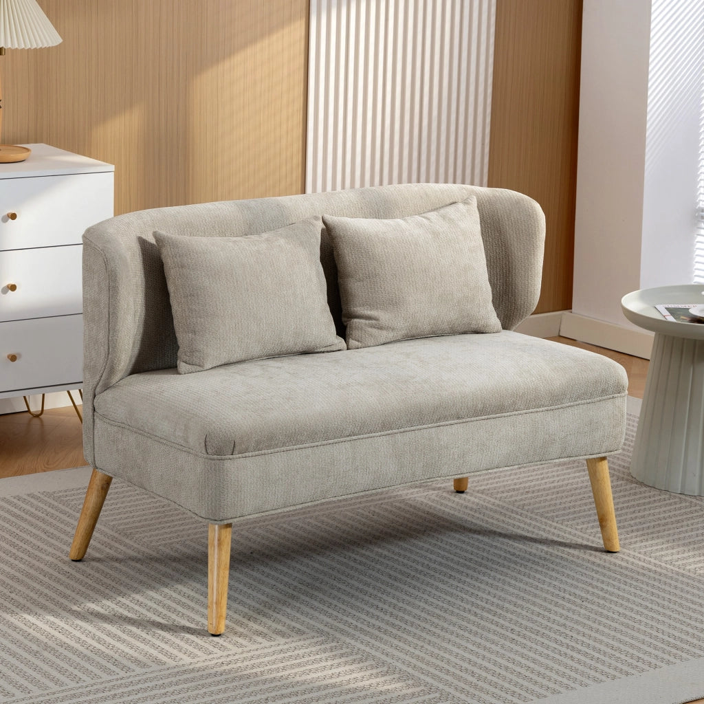 Divano 2 Posti Chenille con Schienale Ad Ala e Piedi in Legno di Gommone ¨C Zephmum ¨C Beige