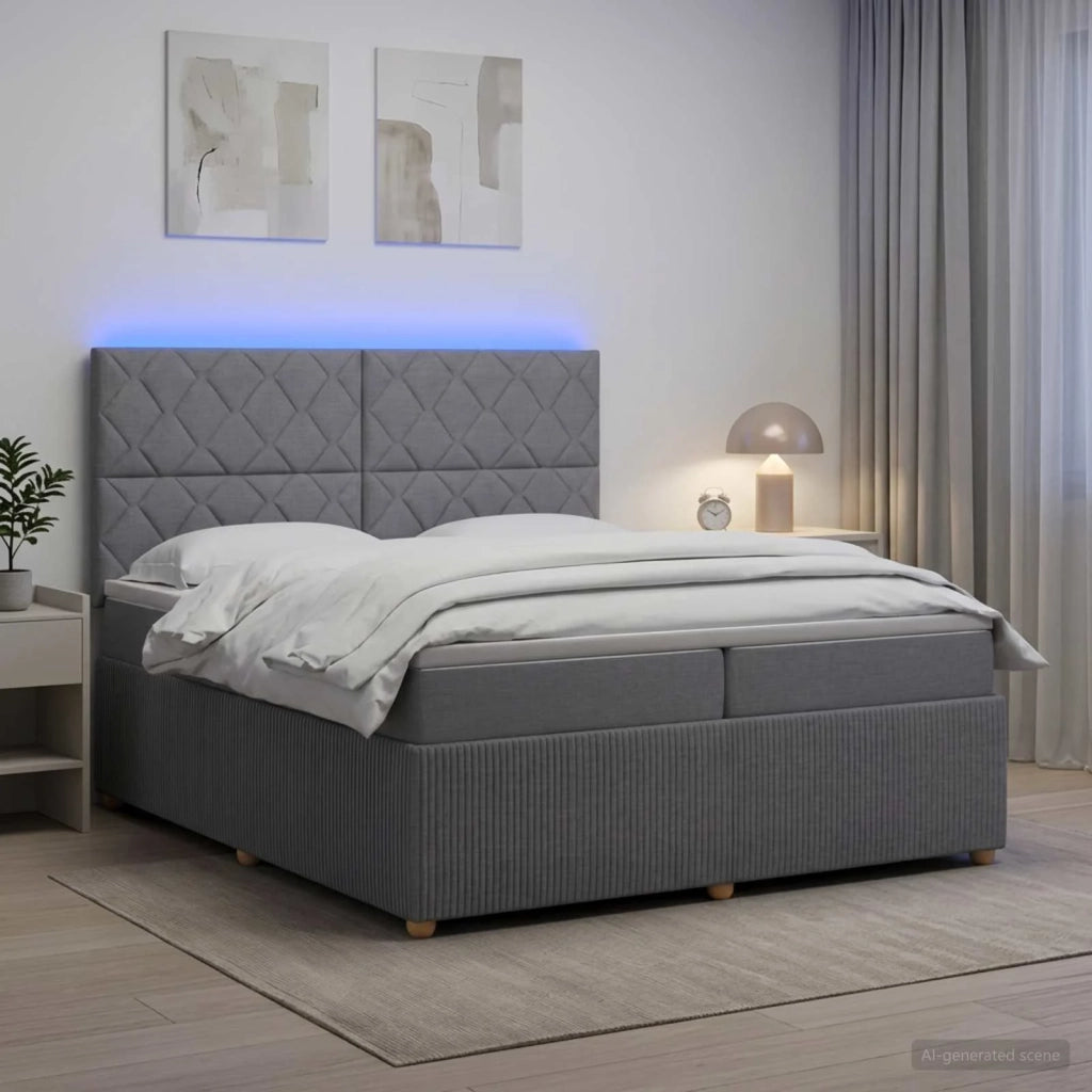 Letto Box Spring LED con Materasso Grigio Chiaro 200 x 200 cm 3455944