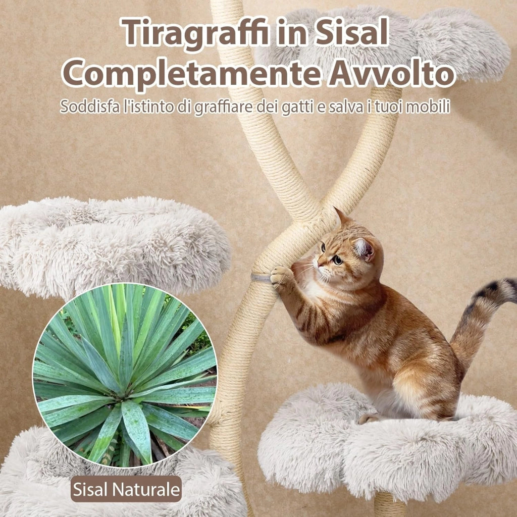 Tiragraffi per Gatti Alto 165cm,Alberi per Gatti con 4 Piattaforme, Tiragraffi in Sisal e Tubo di Supporto Robusto, Mobili per Animali da Interno (Grigio)