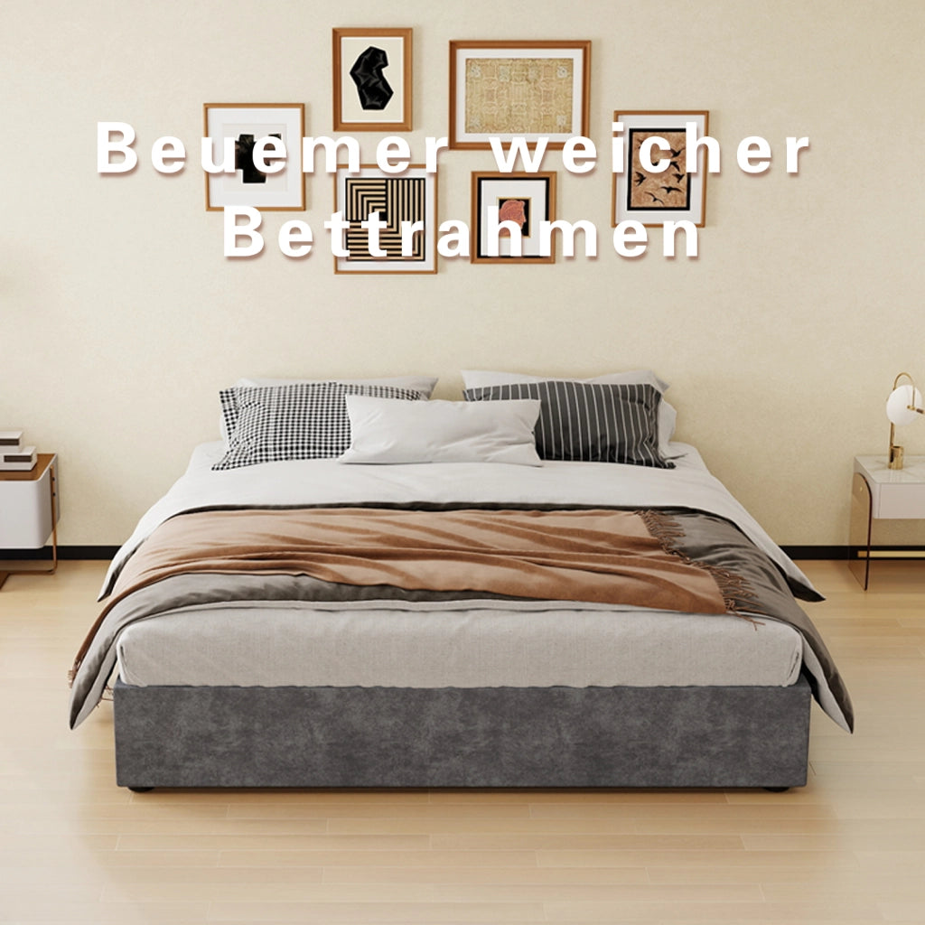 DESMIU Lit 160 × 200 cm 2 posti con testiera geometrica, senza materasso, in tessuto grigio e metallo