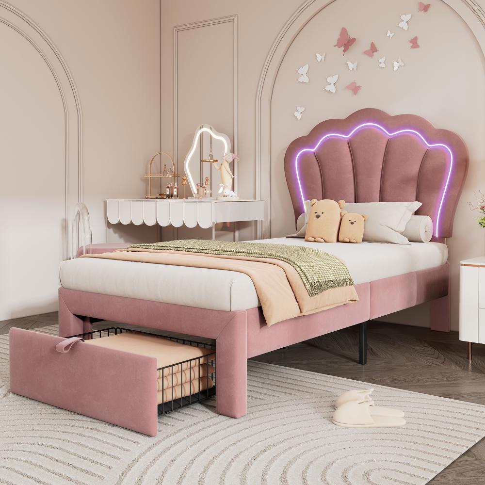 Letto a LED per bambini con cassetto - Xylo - 90x200 cm - Rosa - Controllo APP