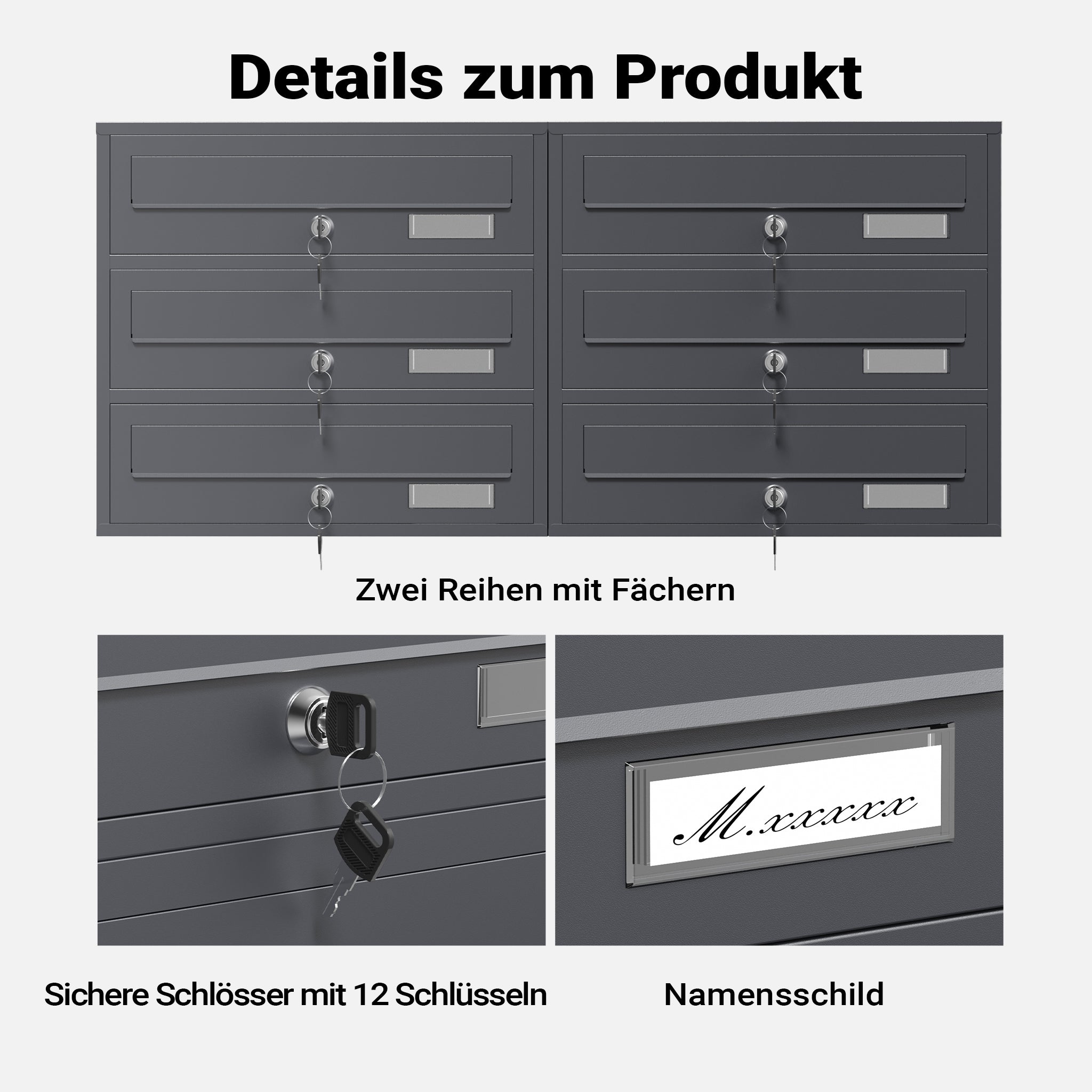 Cassetta postale condominiale autoportante, 6 posti, antracite, 945 x 270 x 1200 mm, 2 moduli