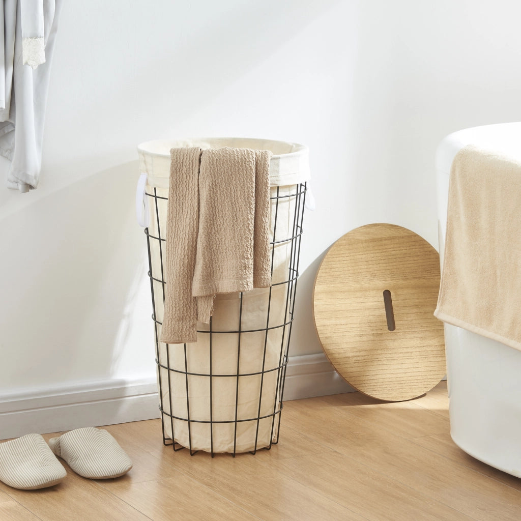 Cesto per Bucato 'Skive' Portabiancheria in Metallo con Coperchio in MDF e Sacco in Tessuto - Capienza 40 L [en.casa]