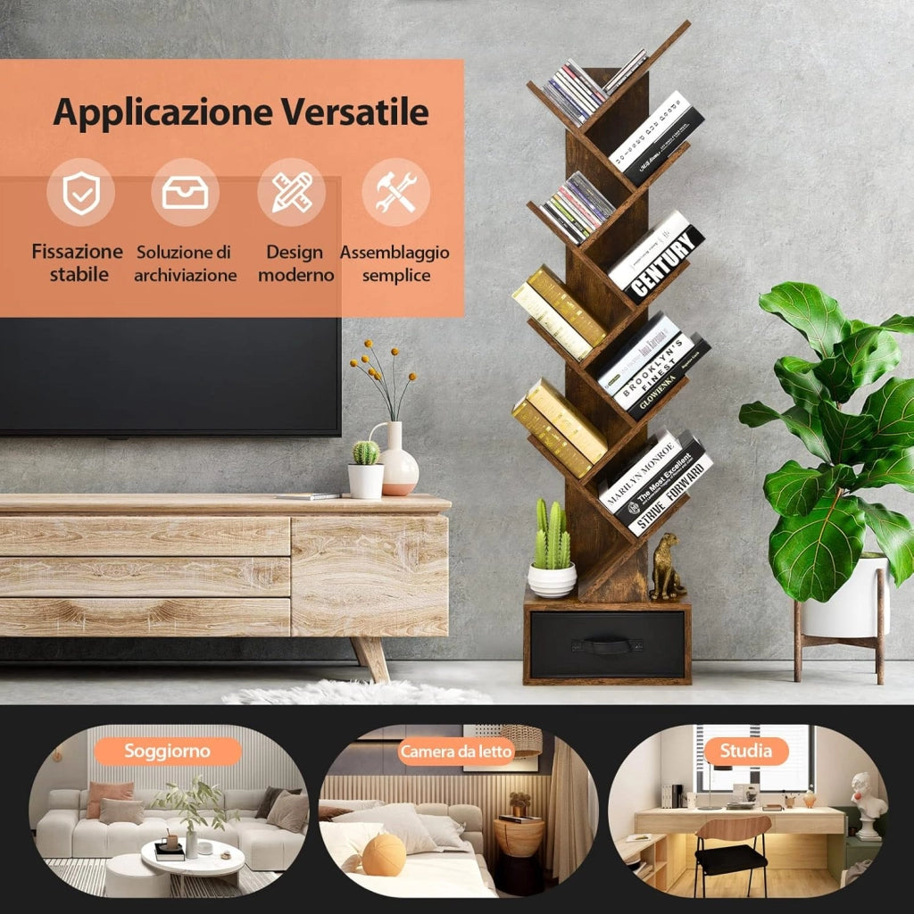Libreria ad Albero in Legno, Scaffale a 10 Ripiani con Cassetto, Portaoggetti Autoportante per Soggiorno, Studio e Ufficio, 38 x 20 x 150 cm (Marrone)