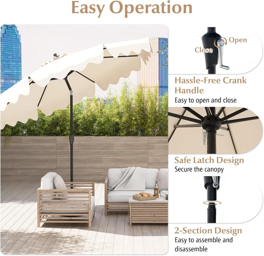 Ombrellone da Balcone 270 cm Protezione UPF 50+, con Manovella e 8 Stecche, Parasole da Giardino Inclinabile con Bordi Increspati, per Spiaggia, Terrazzo, Piscina