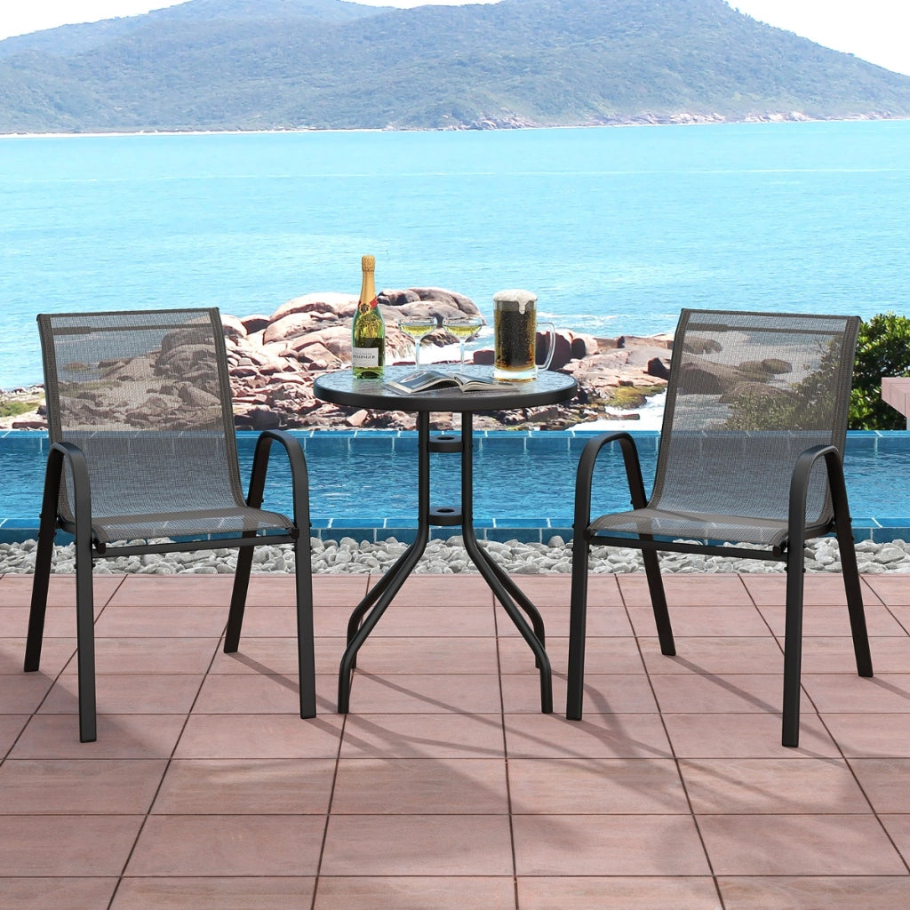 Set bistrot da esterno 3 pezzi, Tavolino rotondo con 2 sedie impilabili piano tavolo in vetro temperato Grigio-Set mobili da esterno