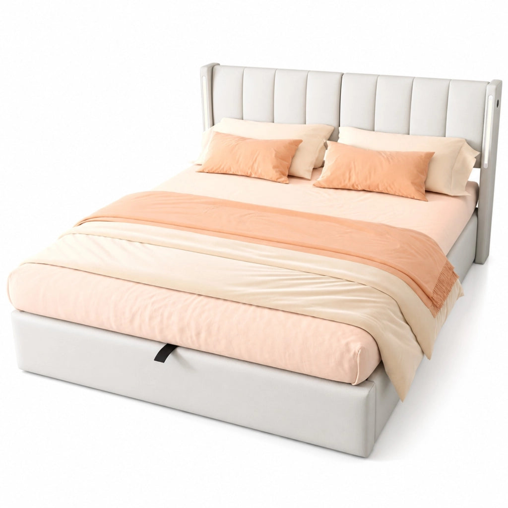 Letto imbottito LED 140x190 cm con porta USB, contenitore sottoletto, testiera regolabile e rivestimento PU bianco